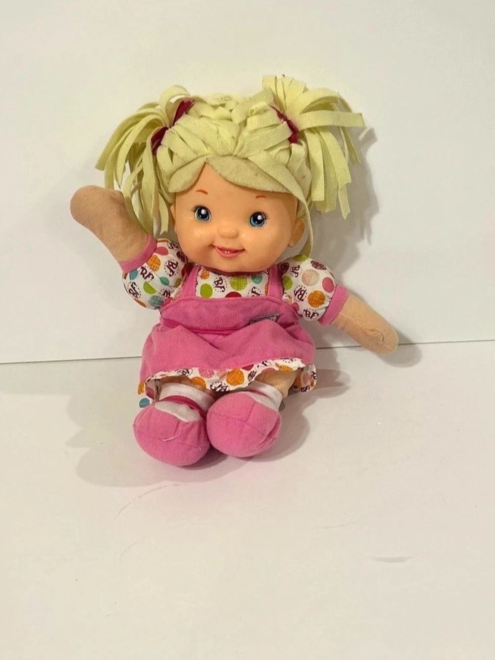 Goldberger Baby’s First Lil Talker Blonde Cloth Doll Pink Dress Tested Works